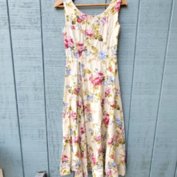 Vintage 90s RealComfort Chadwicks Floral Fit Flare Midi Linen Dress size 4/6 - Picture 1 of 8
